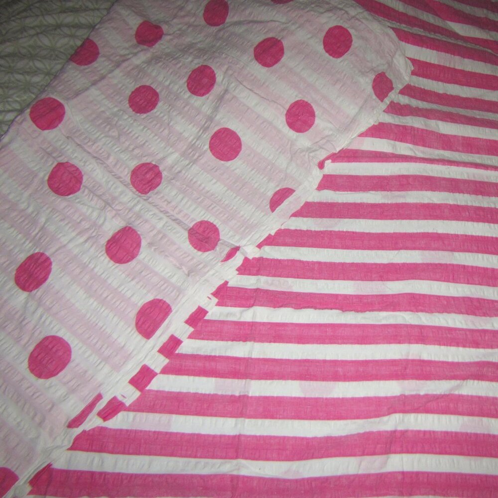 Reversible Euro Pink White Seersucker Strips Dots Cotton Single Duvet Cover